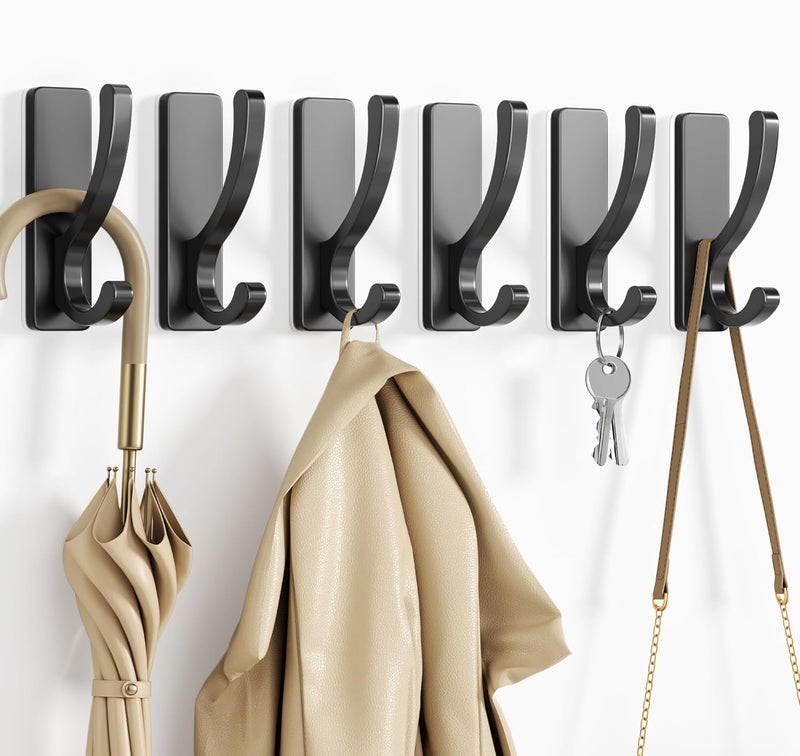 pickpiff Adhesive Wall Hooks for Towels - Sticky Hook Hanging Heavy Duty (13lb), Hanger for Door, Bathroom, Dorm, Closet - for Coats, Purse, Bag, Robe - No Damage to Wall - Black 6 Pack - Image 2